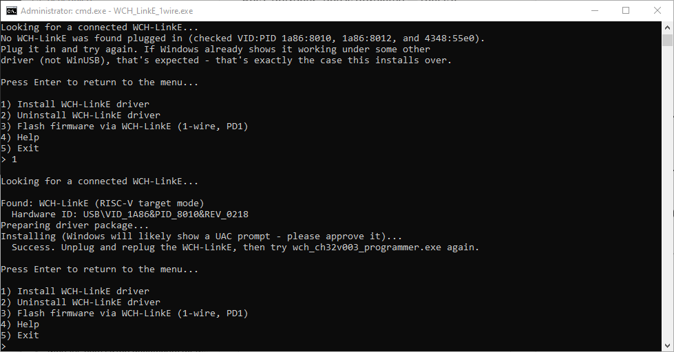 The setup tool successfully installing the driver